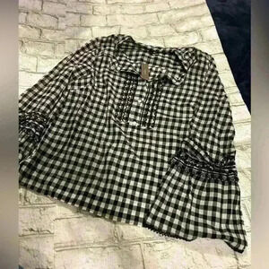 NWT Women’s J Crew Black White Check Ruffle Long Flare Sleeve Shirt Size 4